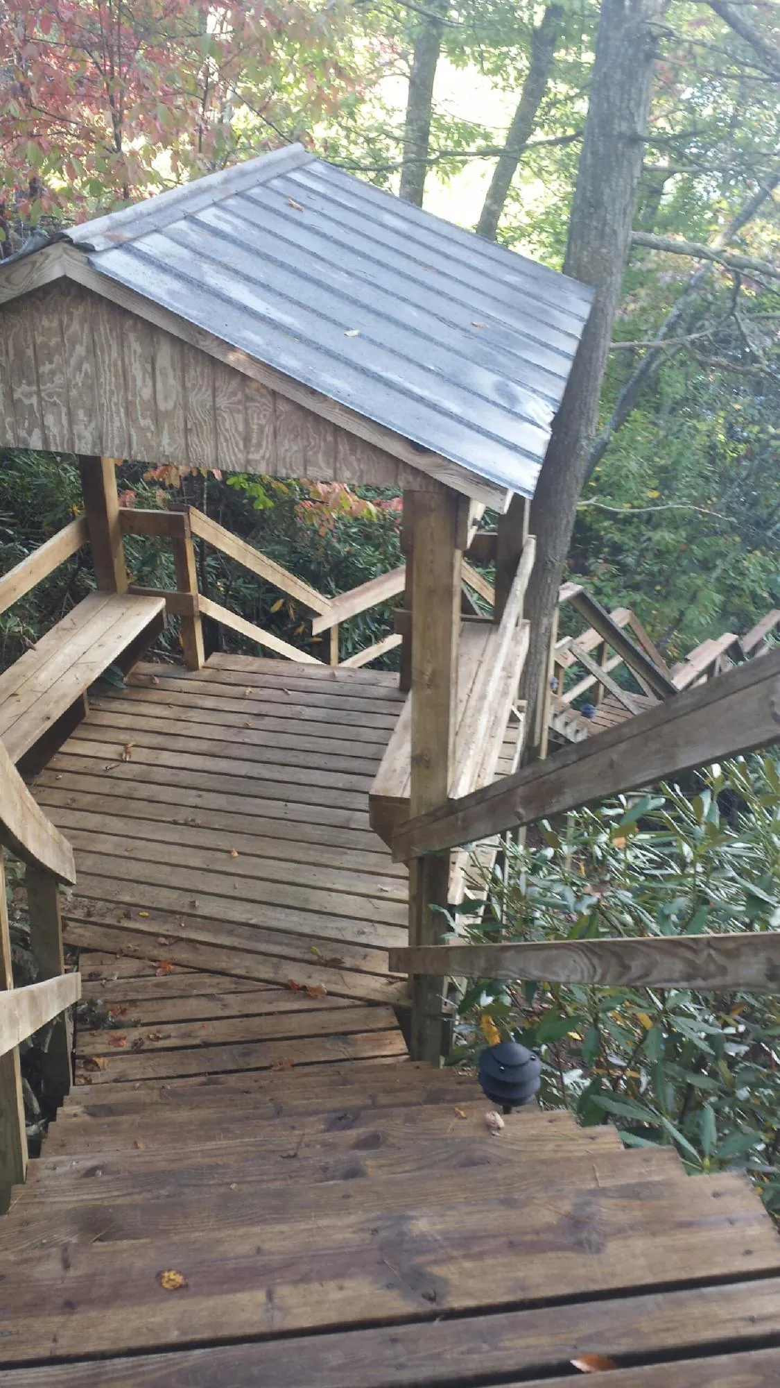 Metal roofed shelter over wooden steps on a wooded walkway — Skylight Repair & Installation work by our crew in Saluda